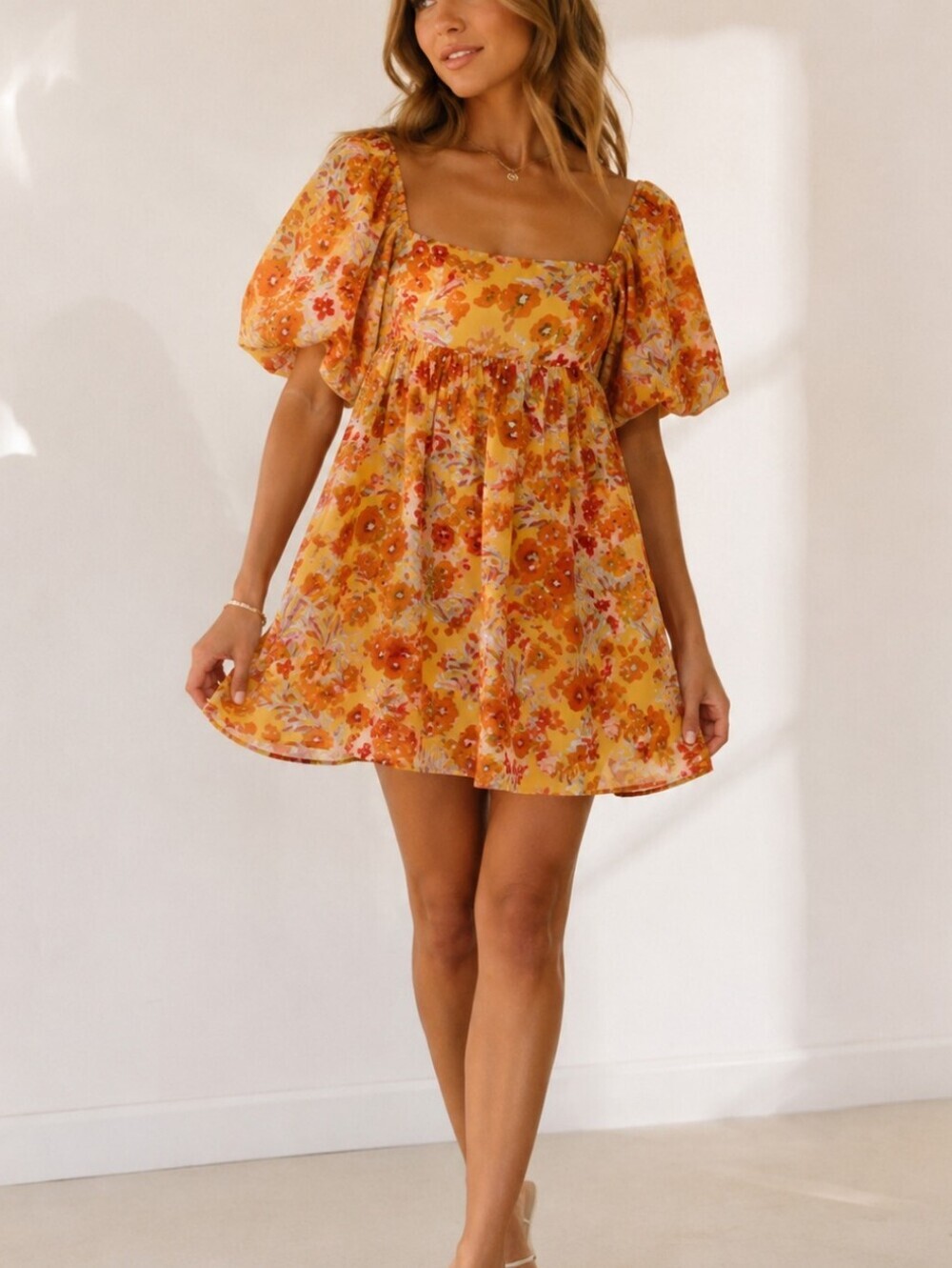 TALULAH Yellow Floral Square-Neck Mini Dress